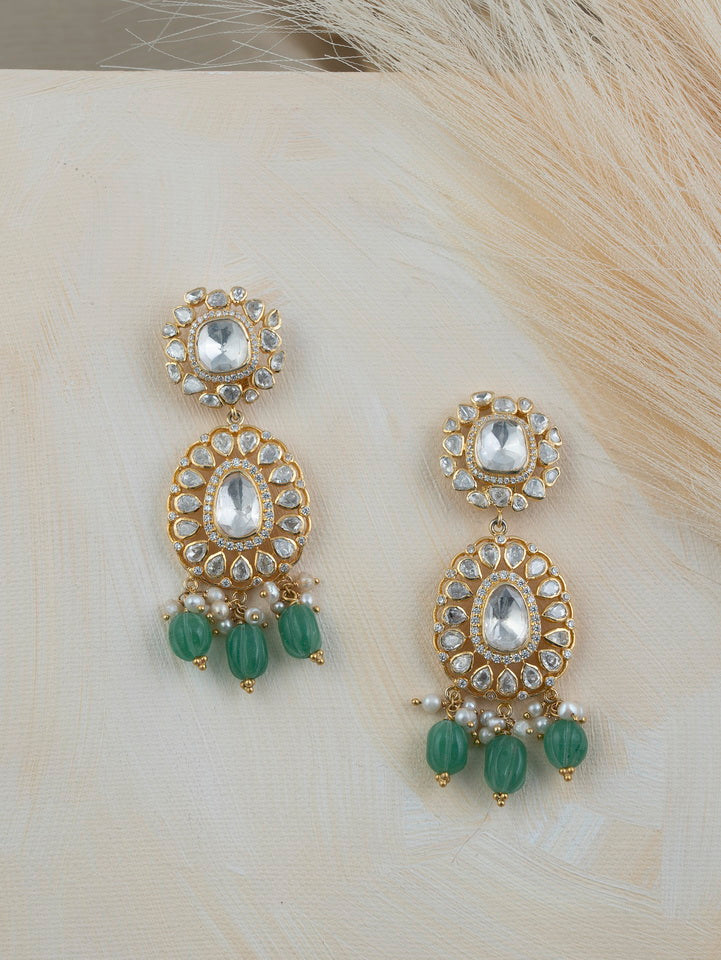 SILVER GOLD PLATED  POLKI LONG EARRING