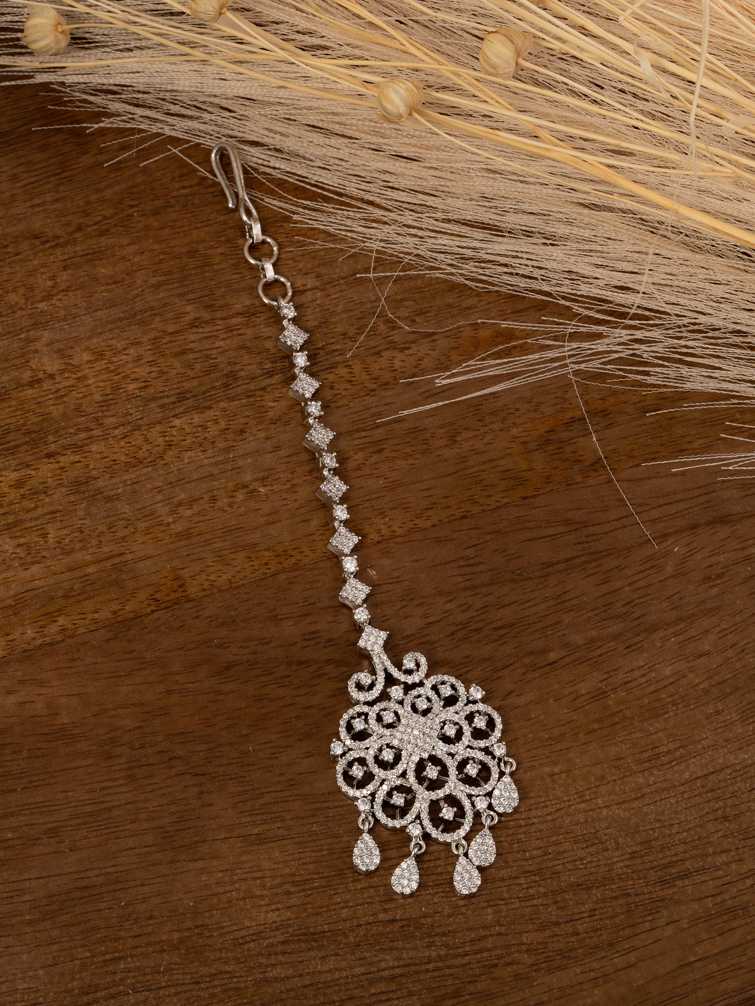 White Color Silver Plated Faux Diamond Maangteeka