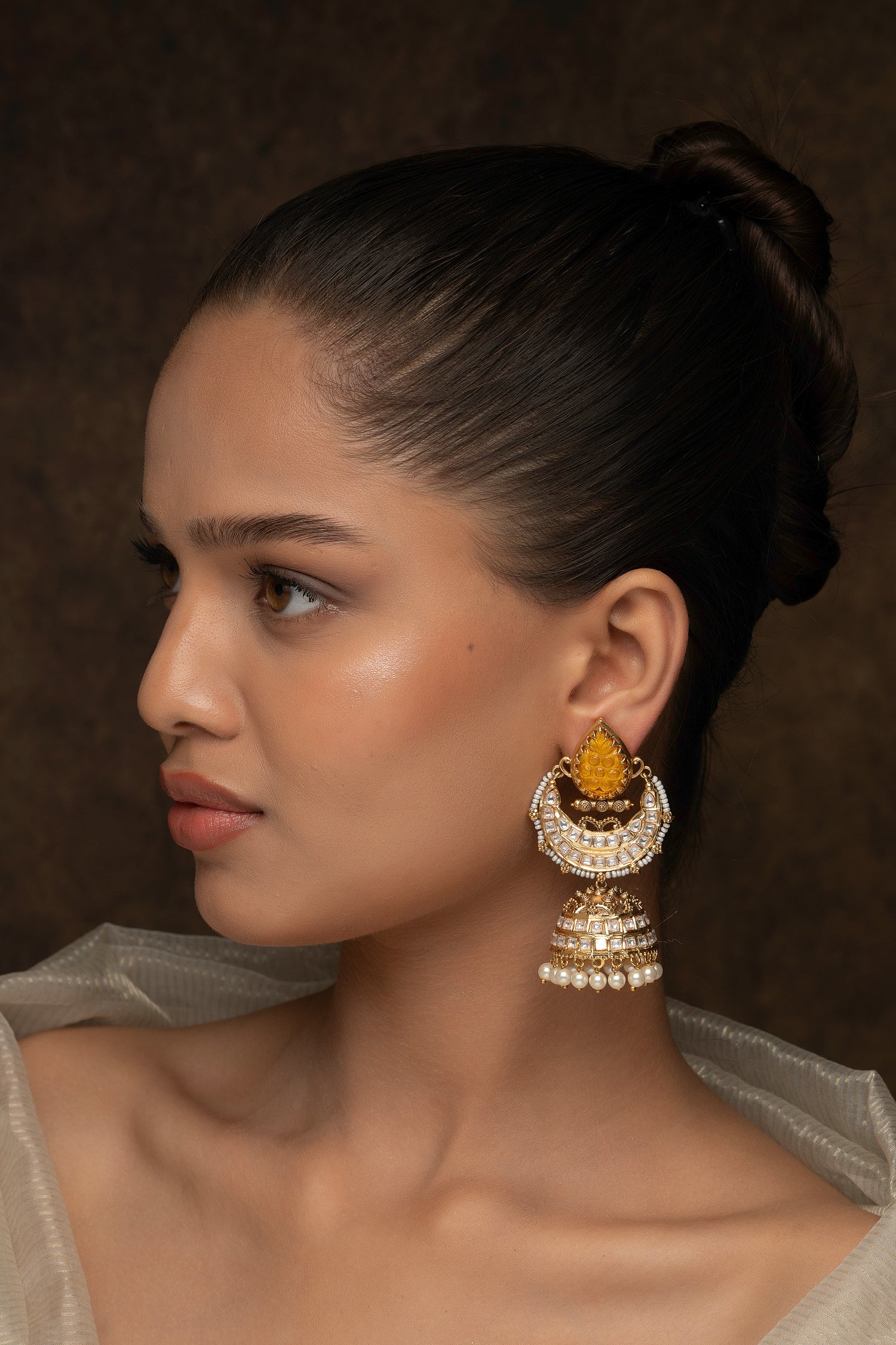 White Color Gold Plated Jadau Kundan Earrings