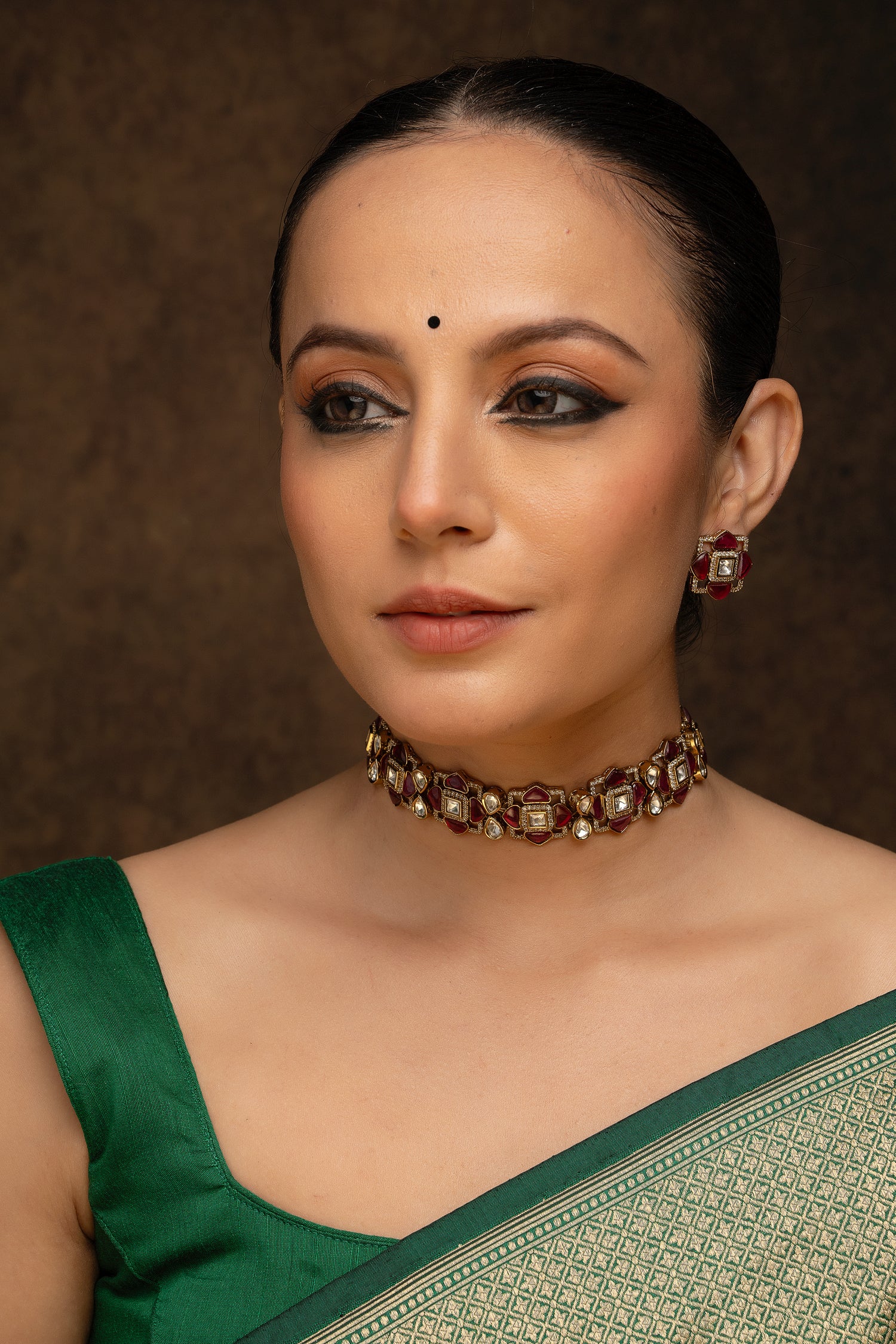 Pink Color Gold Plated Polki Necklace Set