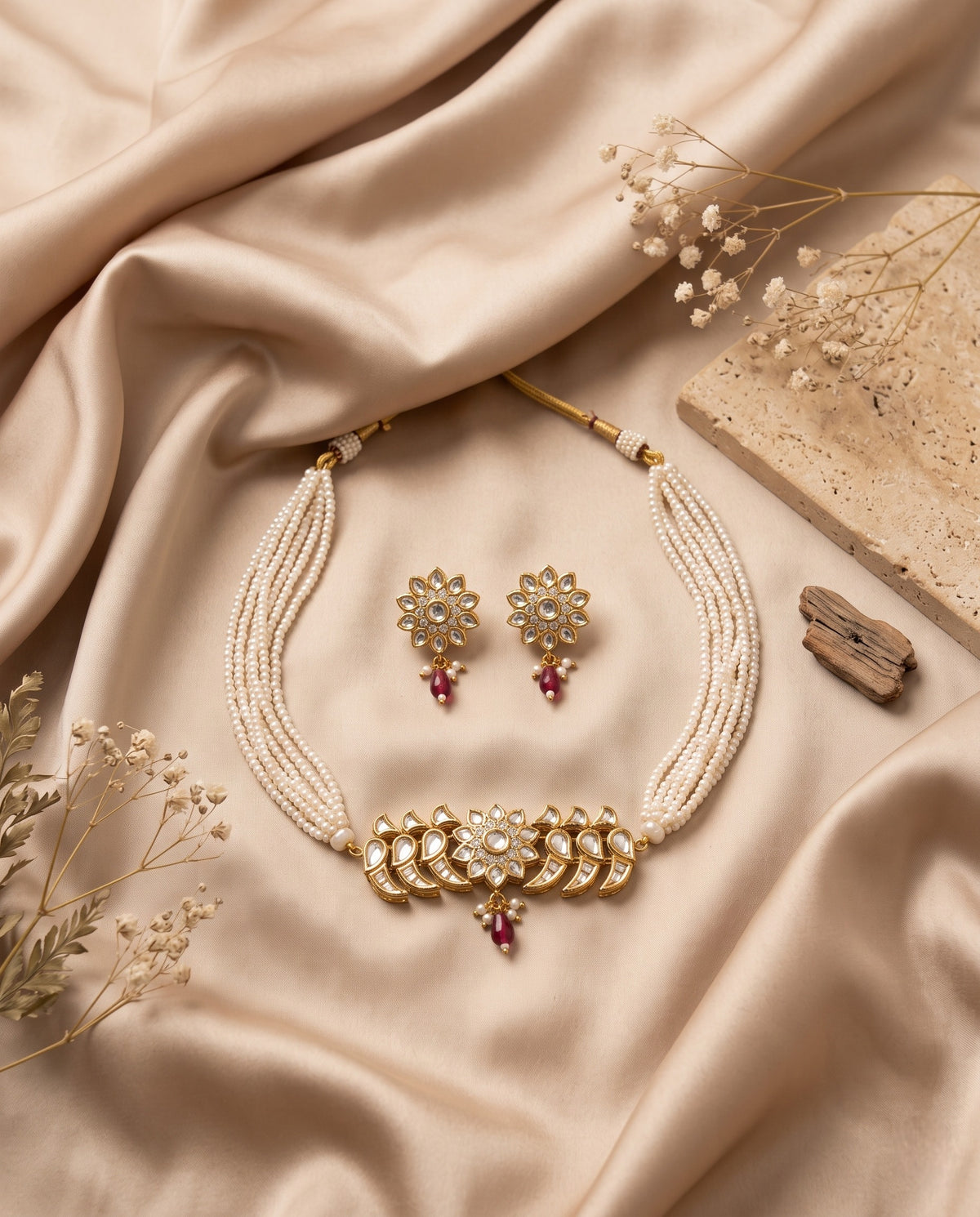 Jadtar Kundan pendant moti choker with matching earrings styled on satin – Studio Gulabi