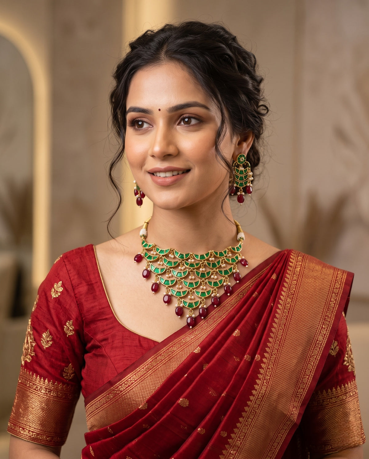 Woman wearing jadtar moti festive necklace set with green stones, ruby drops and matching earrings – Studio Gulabi