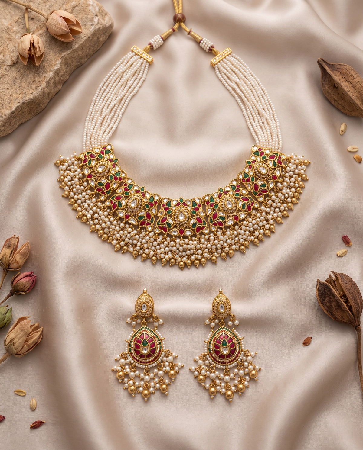 Jadtar multi-strand moti choker necklace with matching earrings styled on satin – Studio Gulabi