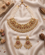 Jadtar multi-strand moti choker necklace with matching earrings styled on satin – Studio Gulabi