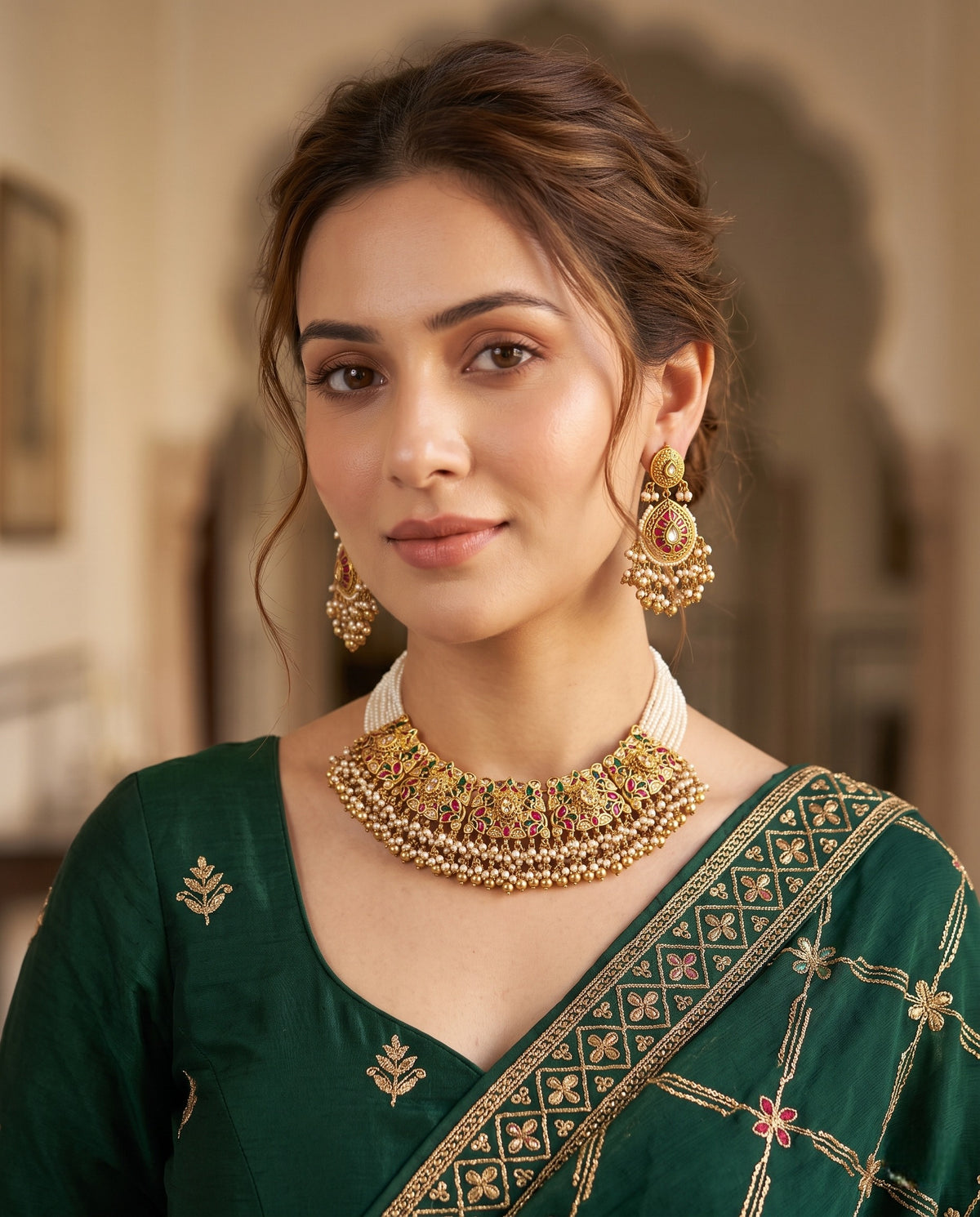 Woman wearing jadtar multi-strand moti choker necklace with matching earrings – Studio Gulabi