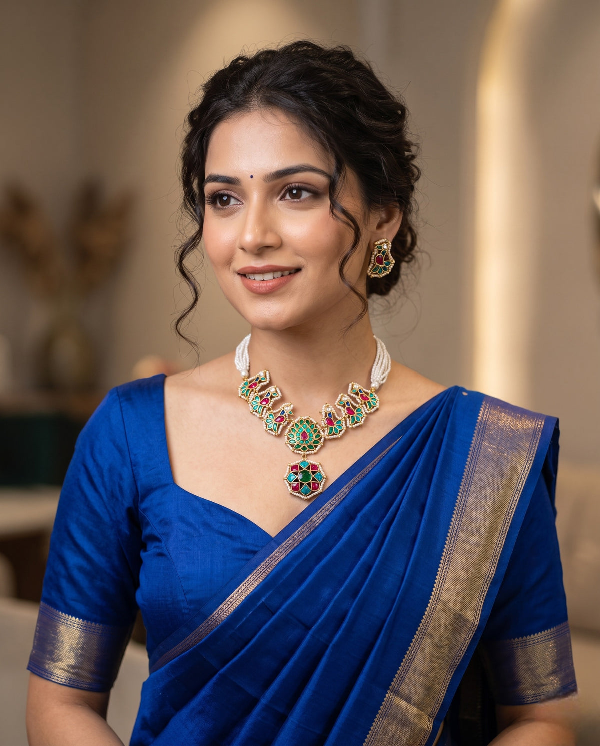 Woman wearing jadtar pearl necklace set with green and ruby pendant and matching earrings – Studio Gulabi