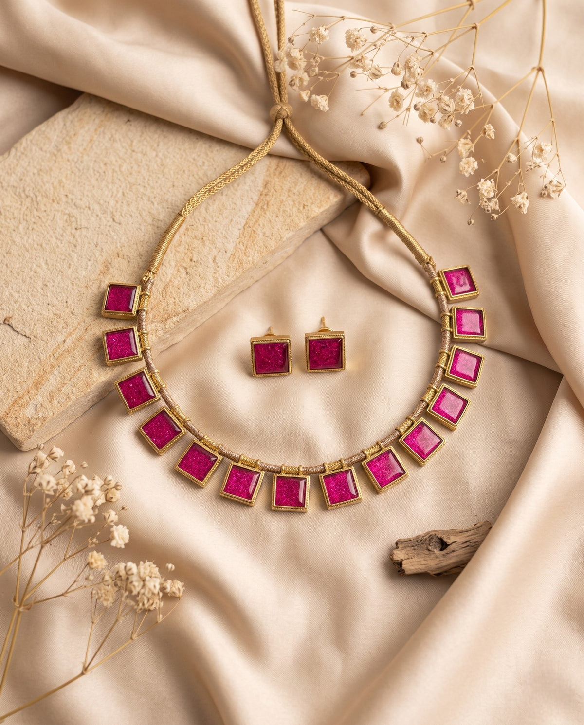 Jadtar pink stone choker necklace with matching earrings styled on satin – Studio Gulabi