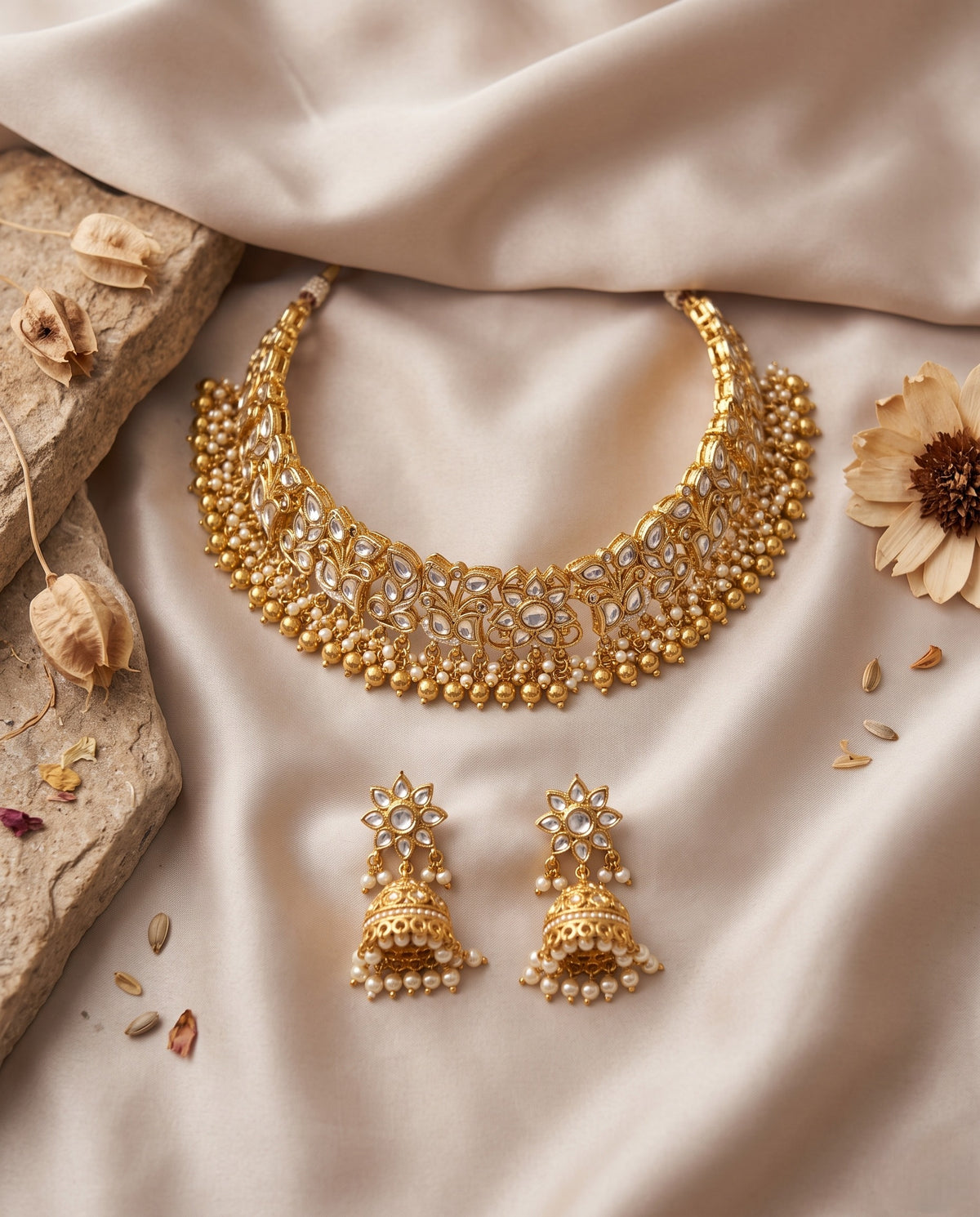 Kundan choker necklace set with matching moti jhumkas on ivory satin – Studio Gulabi