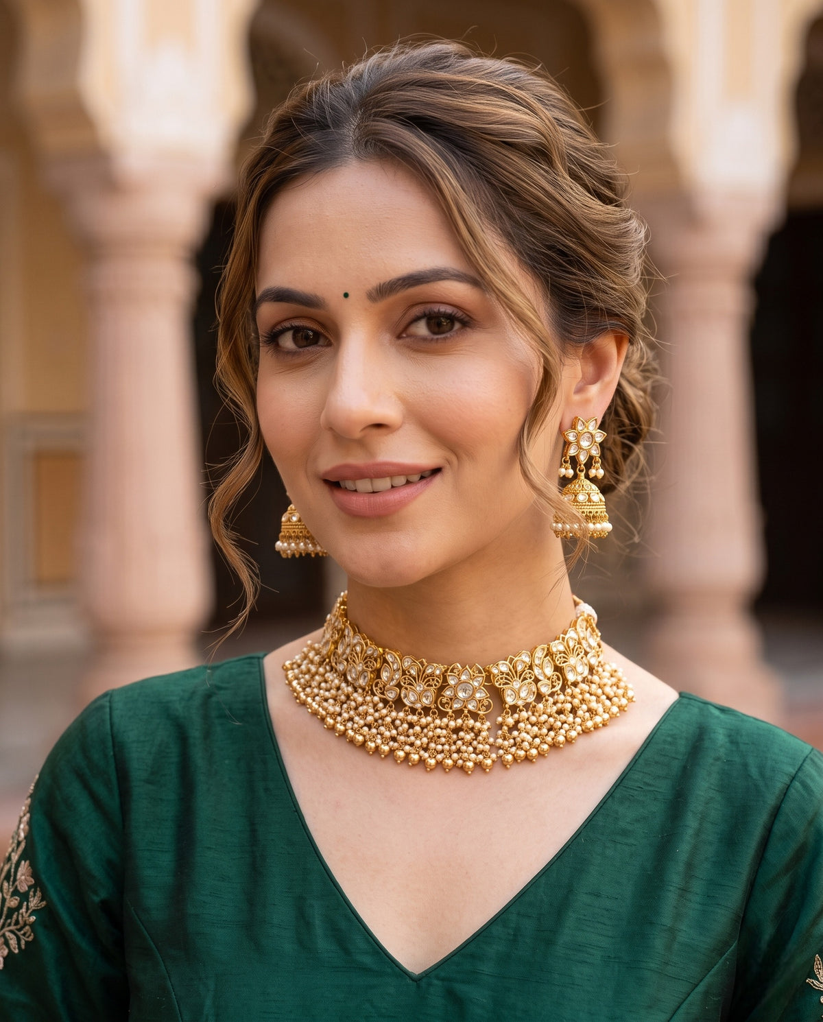 Woman wearing Kundan moti choker necklace and jhumkas with green ethnic outfit – Studio Gulabi