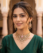 Woman wearing noor Polki and moti choker set with pink stone and matching earrings – Studio Gulabi
