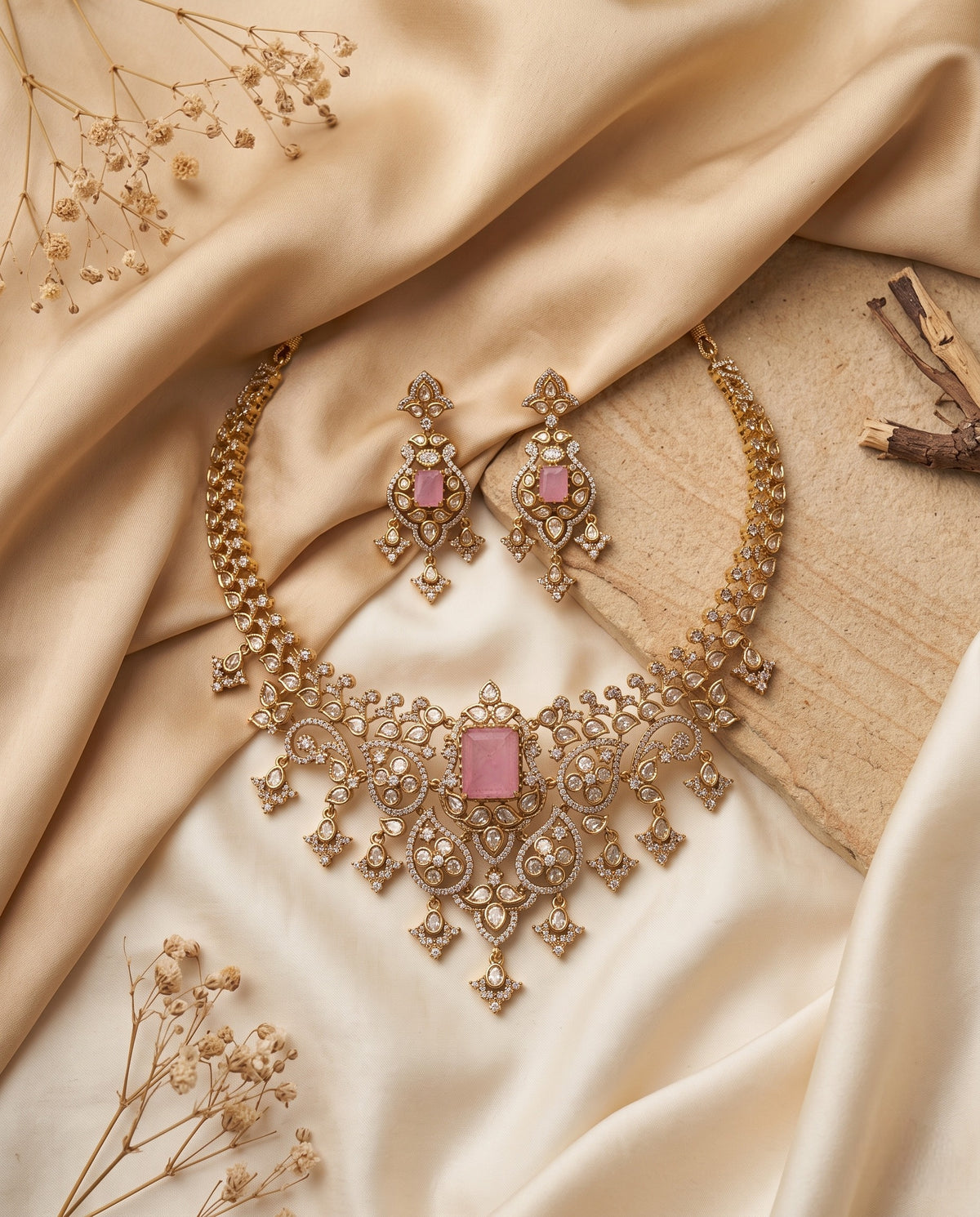Noor Polki and moti choker set with pink stone and matching earrings styled on satin – Studio Gulabi