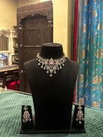 Noor Polki and moti choker set with pink stone and matching earrings on black velvet bust – Studio Gulabi 826VJI168