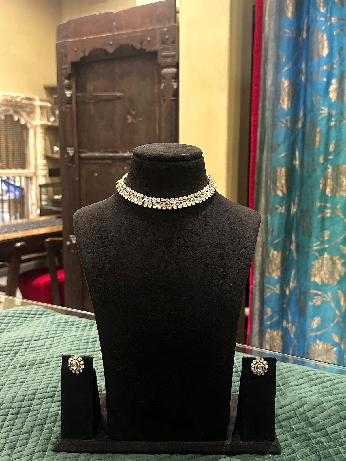 Polki choker necklace with moti and matching stud earrings on black velvet bust – Studio Gulabi 1026VJI083