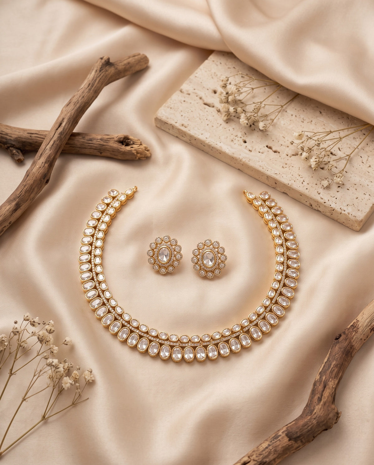 Polki choker necklace with moti and matching stud earrings styled on satin – Studio Gulabi