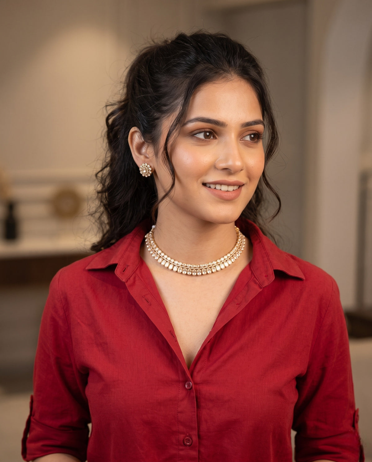 Woman wearing polki choker necklace with moti and matching stud earrings – Studio Gulabi