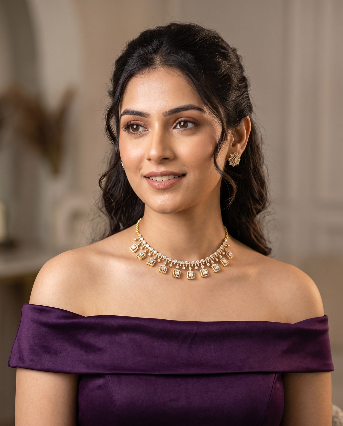 Woman wearing polki and moti necklace set with matching earrings – Studio Gulabi