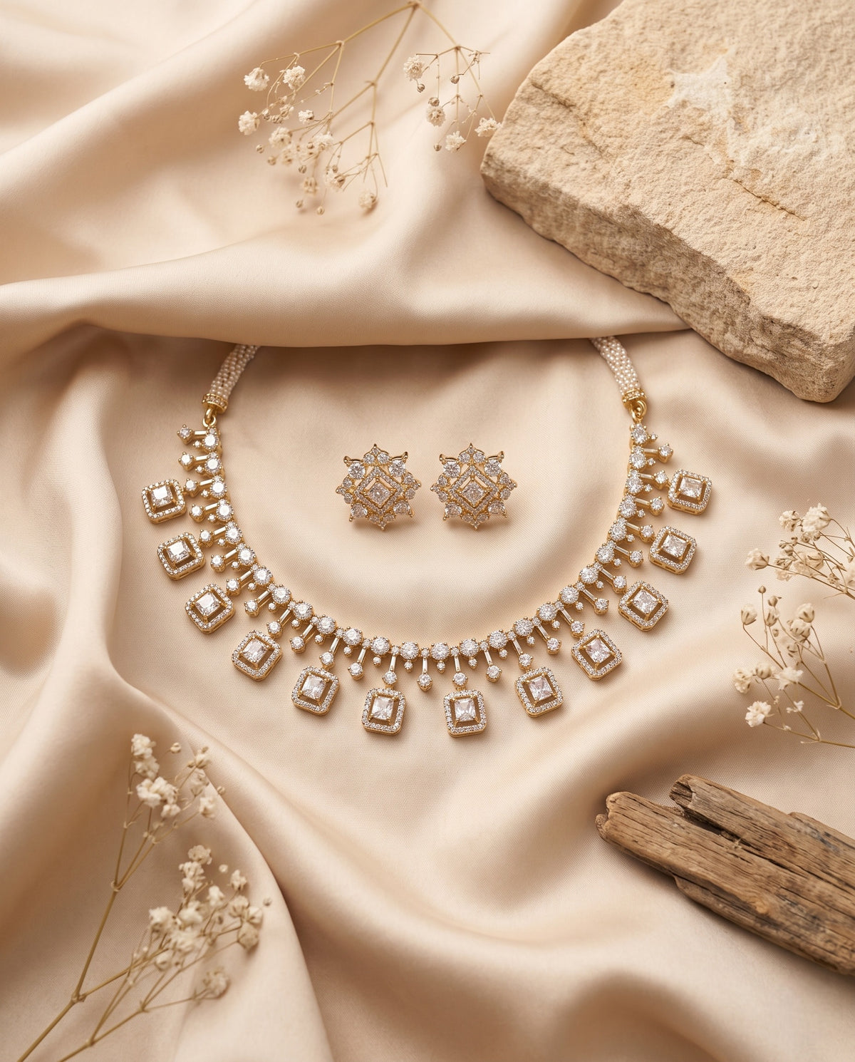 Polki and moti necklace set with matching earrings styled on satin – Studio Gulabi